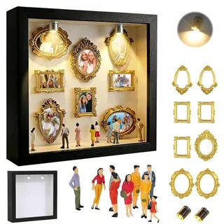 Bukbas DIY Mini Museum Silhouetten Box mit LED, Mini Bilderrahmen Vintage | Bilderrahmen mit 8 Mini Golden Rahmen & 8 Miniatur Zubehör Figuren, für Jahrestag, Hochzeit, Heimdekoration