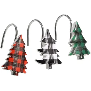 Estmy Buffalo Plaid Weihnachtsbaum Duschvorhanghaken Set von 12 Harz Landhaus Weihnachten Badezimmer Dekor Zubehör Set Xmas Weihnachten Thema Dekorative Duschhaken Metall rostfrei