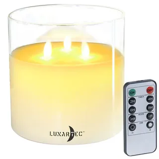 Lunartec LED Kerzen wie Echt: LED-Echtwachs-Kerze im Windglas, 3 bewegliche Flammen, Fernbedienung (3 Docht Kerze mit Timer, 3-Dochtkerzen, Party)