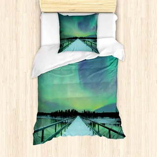 ABAKUHAUS Nordlicht Mantele, Brücke Snowy Arktis, Milbensicher Allergiker geeignet mit Kissenbezügen, 135 cm x 200 cm - 80 x 80 cm, Lime Green Petrol Blau - Blau