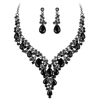 Clearine Hochzeit Schmuck-Set Tropfen Strass Cluster Statement Halskette und Ohrhänger-Set Kostümschmuck für Damen Schwarz Schwarz-Ton