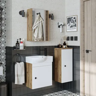 Roomart Badmöbelset - PUNTO - Unterschrank mit Waschbecken - Seitenschrank - Spiegelschrank - Badezimmer Möbel - Gäste WC