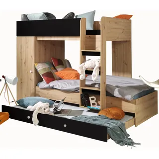 Etagenbett für Kinder SMART 2 Stockbett mit Treppe, DREI Schlafplätze (Smart 2 - Artisan Eiche + Schwarz matt)