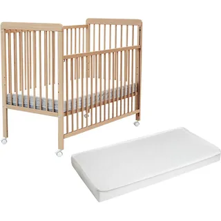 WEBABY - Babybett Holz mit Matratze 60x120 ESSENTIEL Buche Lackierte |Kinderbett | Mit 4 rollen | Mit Verstellbarer Lattenrost 3 stufen
