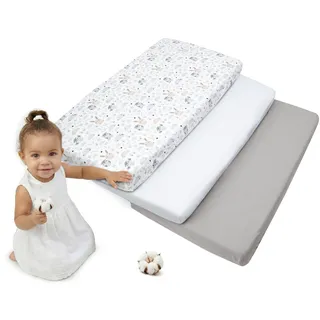 Medi Partners Spannbettlaken 60x120 3-Pack Baby Bettlaken Kinderbett Spannbetttuch 100% Baumwolle - Fitted Kinder Sheet Bettwäsche Babymatratze Schlafsack Babybett (Lichtung-Weiß-Graue)