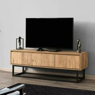 Dmora - Fernsehschrank Suhail, Ständer für Wohnzimmerfernseher, Niedriges Wohnzimmer-Sideboard, TV-Ständerbasis, 140x40h50 cm, Eiche und Schwarz