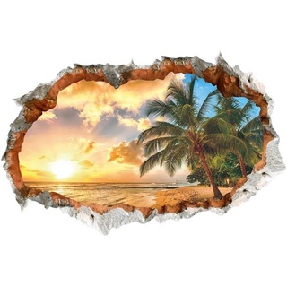 WandSticker4U®- 3D Wandtattoo SONNENUNTERGANG I Wandbild: 90x60 cm I Wandsticker Meer Strand Palm Insel Karibik Poster Fensterblick I Wand Deko für Wohnzimmer Schlafzimmer Küche Türaufkleber