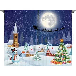 ABAKUHAUS Weihnachten Rustikaler Gardine, Winterlandschaft, Schlafzimmer Kräuselband Vorhang mit Schlaufen und Haken, 280 x 225 cm, Weiß Blau