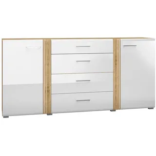 Feldmann-Wohnen Sideboard Adagio weiß Hochglanz / Eiche castello 190 / 42 / 90cm , Weiß, Braun , Holz , Rechteckig , 190x90x42 cm , Kleinmöbel, Kommoden, Sideboards