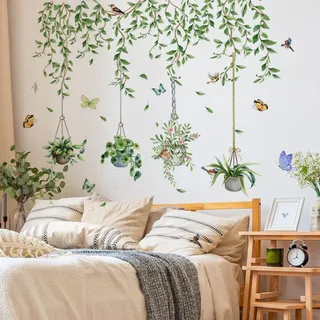 WandSticker4U®- Wandtattoo PFLANZEN hängend grün (84x90 cm) I Wandsticker Pflanzen groß Hängepflanzen Blumentopf Blätter Natur I Wanddeko Wohnzimmer Schlafzimmer Badezimmer Küche Flur XXL