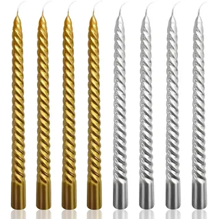 VIKY® 8 Stück Tropffreie Spitzkerzen 25 cm Lang - 4x Gold Kerzen & 4x Silber Kerzen - Gedrehte Stabkerzen für Weihnachtsdekoration, Festliche Tischdeko, Kerze Aesthetic Geruchlos