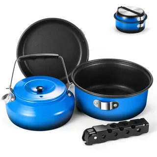 Odoland 5pcs Camping Geschirr Set, Antihaft-Leichtgewicht Topf Pfanne Kettle Set mit einem abnehmbaren Griff - Perfekt für Backpacking, Camping, Wandern und Picknick Blau