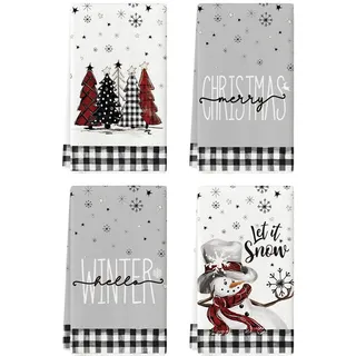 Artoid Mode Schwarz Weiß Büffelkaro Schneemann Bäume Weihnachten Küchentücher Geschirrtücher, 42x65 cm Schneeflocken Deko Polyester Handtücher 4er Set