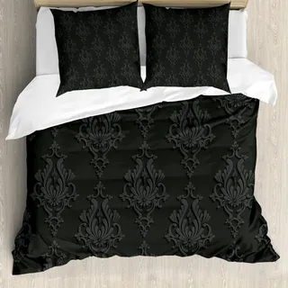 ABAKUHAUS Dunkelgrau Bettbezug Set, Antikes Damast-Muster im klassischen altmodischen Blumenmuster der Art-3D, 155 x 220 cm + 80 x 80 cm, Anthrazit grau - Braun