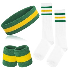 ONUPGO 5-teiliges gestreiftes Schweißband und Socken-Set, gestreiftes Stirnband, Schweißbänder, gestreifte hohe Socken für Männer, Frauen, Sport und 80er-Party (Green/Yellow/Green)