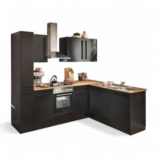 Stella Trading Jazz 8 Moderne Eckküche mit Elektrogeräten in Schwarz matt, Lanzelot Eiche Optik - Geräumige Küchenzeile in L-Form mit viel Stauraum - 250 x 211 x 60 cm (B/H/T)