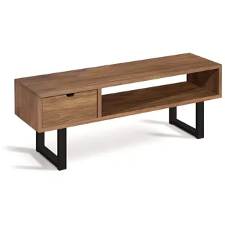 HOGAR24 ES TV-Tisch, TV-Möbel, Wohnzimmer, Industrie-Design, Schublade und Regal, natürliches Massivholz, Schwarze Beine, Maße: 100 cm x 40 cm x 30 cm