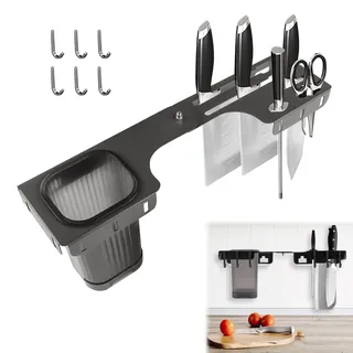 xyuayamz Messerblock Leer, Messerblock Schwarz Ohne Messer, Wandmontierter Knife Holder, mit Utensilienbehälter und Sechs Haken, zur Aufbewahrung von Messern und Besteck, Metallmaterial, Grau
