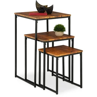 Relaxdays Beistelltisch 3er Set, stapelbar, Industrie Design, Satztisch 3 Größen, quadratisch, Metall, braun/schwarz