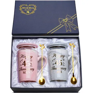 Geschenke zum 45 Hochzeitstag, 2PCS Mr Mrs Keramik Marmor Tasse Set 14 Oz, 45 Hochzeitstag Geschenke Kaffeetassen für Paare, 45-Jahr Beziehung Geschenk mit Karte, Löffel, Becherdeckel, Geschenkbox