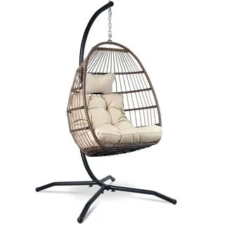 VITA5 Hängesessel mit Gestell - Bequemer Hängekorb Sessel - Rattan Hängesessel Outdoor und Indoor - Boho Egg Schaukel für Terrasse, Schlafzimmer & Leseecke - 150 kg Tragkraft (Cremeweiß)