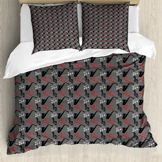 ABAKUHAUS Jazz Musik Bettbezug, Hinweise Clef Saxophon, Milbensicher Allergiker geeignet mit Kissenbezügen, 155 cm x 220 cm - 80 x 80 cm, Grau, Schwarz, Rot - Grau