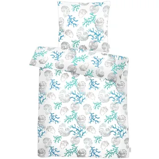 Bettwäsche APELT "Coral Gots", blau, B/L: 155cm x 220cm, 1 Stk., 1 Stk., Satin (Bio-Baumwolle), B/L: 80cm x 80cm, Satin (Bio-Baumwolle), Obermaterial: 100% Baumwolle, Bettwäsche, Bettwäsche, Korallen und Muscheln