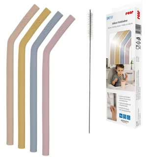 reer Silikonstrohhalme für Kleinkinder und Kinder | Ab 24 Monaten | Set aus 4 Strohhalmen in bunten Farben | Inklusive praktischer Reinigungsbürste
