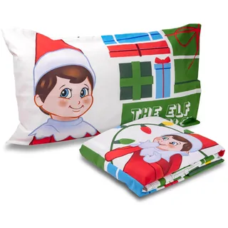 The Elf On The Shelf Bettwäsche-Set für Einzelbett, Einzelbett, Bettlaken, Spannbettlaken, Kissenbezug, 100% Baumwolle, Weihnachten, offizielles Produkt