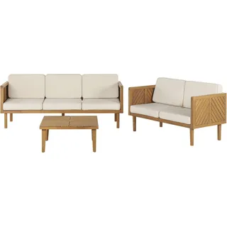 BELIANI Lounge Set Hellbraun Akazienholz 3-teilig für 5 Personen mit Auflagen Beige Stoff Couchtisch 2er und 3er Sofa Outdoor Terrasse Garten - Braun, Beige