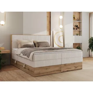MKS MEBLE Boxspringbett WOOD CLASSIC KING, Doppelbett mit zwei Multipocket-Matratze und Topper T25, hohe Kopfteil, Stauraum - 200 x 200 cm - H3 - Beige Cord - Beige