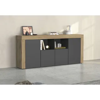 INOSIGN Sideboard INOSIGN "CHRONOS Breite 200 cm mit 4 Türen, 2 offene und 8 geschlossene Fächer", grau (anthrazit matt, eiche wotan), B:200cm H:85cm T:40cm, FSC-zertifizierter Holzwerkstoff, Sideboards, Sideboard, Sideboard,Kommode, Schrank, Grifflos mit Push to 