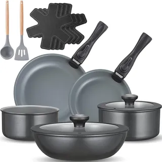 BEZIA Induktions Töpfe Set 17-Tlg, Keramik Pfannenset mit abnehmbarer Griff, Camping Kochtopf Set für alle Herdarten, Topset Induktion, stapelbares Design, Ofenfest