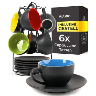 MIAMIO - 6 x 175 ml Tasse Cappuccino Tassen mit Unterteller & Ständer/Cappuccinotassen Set - Le Papillon Kollektion (Bunt)
