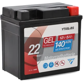 CARTEC Motorradbatterie YTX5L-BS, 5Ah, 140A, Gel Technologie Motorrad-Starter-Batterie, Erstausrüsterqualität, zyklenfest, lagerfähig, wartungsfrei, schwarz