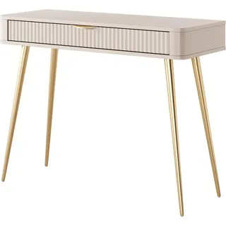 BETTSO Beige LANTE Schminktisch Konsolentisch Schreibtisch mit Schubladen mit geriffelte Schublade auf hohen goldenen Beinen - Beige