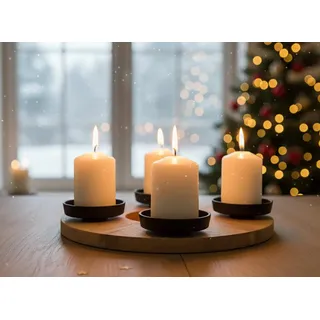 KAMACA Adventskranz aus Aluminium und Mangoholz moderner Kerzenhalter für 4 Stumpenkerzen in Schwarz stilvolle Kombination aus Metall und Holz Adventskranz Ø 27 cm (Adventskranz Aluminium Holz)