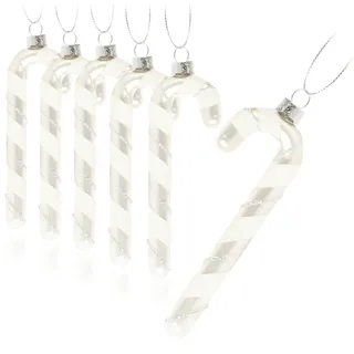 COM-FOUR com-four® 6X Christbaumanhänger Zuckerstange - Christbaumschmuck zum Anhängen - Weihnachtskugel in Zuckerstangen-Form (silberfarben/weiß Glas - 6 Stück)