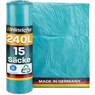 Hinrichs Müllsäcke 240L extra Stark - 15er Rolle - 100x125 cm - Extrem reißfeste Müllbeutel - Mülltüten aus Recycling LDPE - Blaue Säcke - Abfallsäcke für Garten, Haushalt & Baustelle