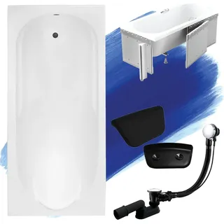 Badewanne Rechteck Set 5in1 140x70 mit Premium Ablaufgarnitur und Füßen GRATIS + Verkleidung (Styropor) + Kopfstütze in Schwarz | BADLAND BONA
