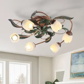 meibeileil Blumen Deckenleuchte Landhaus,Vintage Deckenlampe Schlafzimmer mit Rose Glas lampenschirm Pendelleuchte,Kronleuchter Bronze Base mit Grün Blätter,Chandelier für Wohnzimmer,Esszimmer,6Kopf.