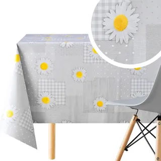 KP HOME PVC Wachstuchtischdecke Rechteckig 300x140 cm - Abwischbare Tischdecke Kunststoff Wasserdichtes für 10 Personen - Vinyl Tischtuch, Grau Margerite Kamille Blumen Patchwork-Design