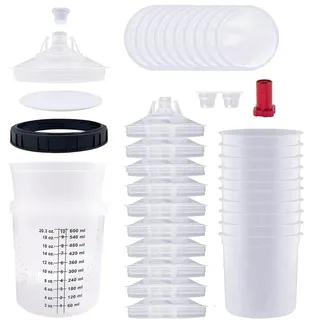Hanured® Messbecher set, Lackmischbecher Deckel und Linersystem mit 10 Bechereinsätzen,10 Deckel mit Filtern,1 Hartbecher mit Haltering,2 Steckern,1 adapter M16 (600ML)
