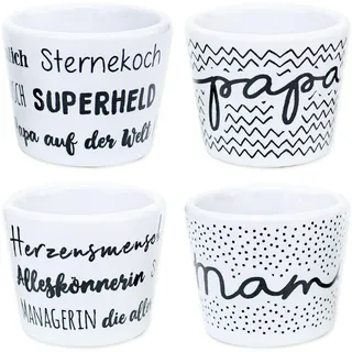 Papierdrachen - 4er Set Eierbecher Porzellan - Mama & Papa - Geschenk für Eltern - mit Motiv innen - Frühstücks-Set - Weiß Schwarz