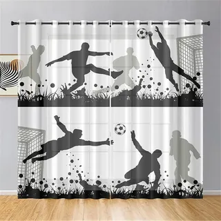 Mateju 2er Set Voile Gardinen mit Ösen, 3D Fußball Gardinen Wohnzimmer,Vorhang Transparent für Schlafzimmer Küchengardinen (Fußballspiel,107 x 160 cm)