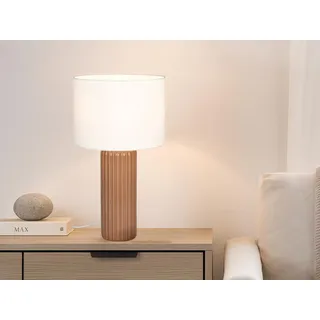 Große LED Tischlampe mit Keramikfuß & Stoffschirm Beige, Nachttischlampe H: 51cm