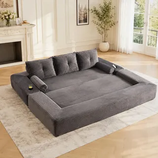 STILVORA Klappsofa 3-Sitzer mit hochdichtem Schaum und Federkern, Schlafsofa mit Taschen und Getränkehalter, Sofa mit Kissen,Cord - Dunkelgrau