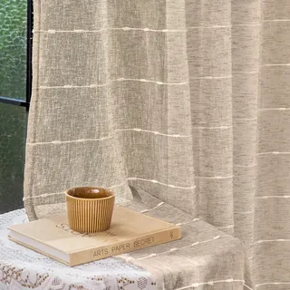 Conkov Durchsichtige Vorhänge für Wohnzimmer, 228,6 cm lang, braun, dickes Leinen, strukturierte Gaze mit gestreiftem Bommel, Shabby-Chic-Stil, Bauernhaus, Schlafzimmer, Sichtschutzvorhänge, die Licht