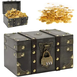 Zyiphor Schatztruhe Vintage Schatzkiste Holz mit Zahlenschloss Piratenschatztruhe Schmuckkästchen mit Deckel Truhe Klein Holzkiste mit Schloss für Kindergeburtstag Aufbewahrung Dekoration