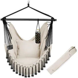 Tectake Hängesessel Malika, Boho-Style, Belastbarkeit 150kg - beige